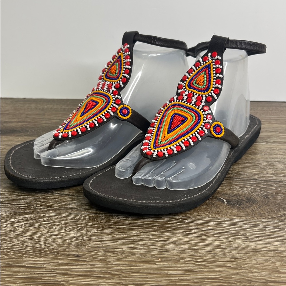 Azu’s Hand-Beaded T-Strap Sandals – Size 38 (US 7–7.5)